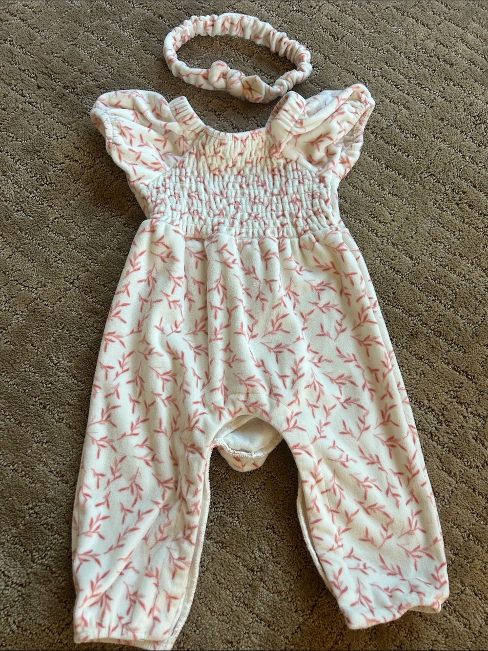 Baby One-Piece in Cream with Pink Leaf Print soft velvet